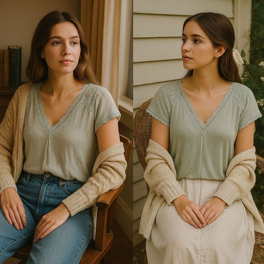 P.O.L Women Sage Lace V-Neck Top Small – Cottagecore, Light Academia, Soft Girl